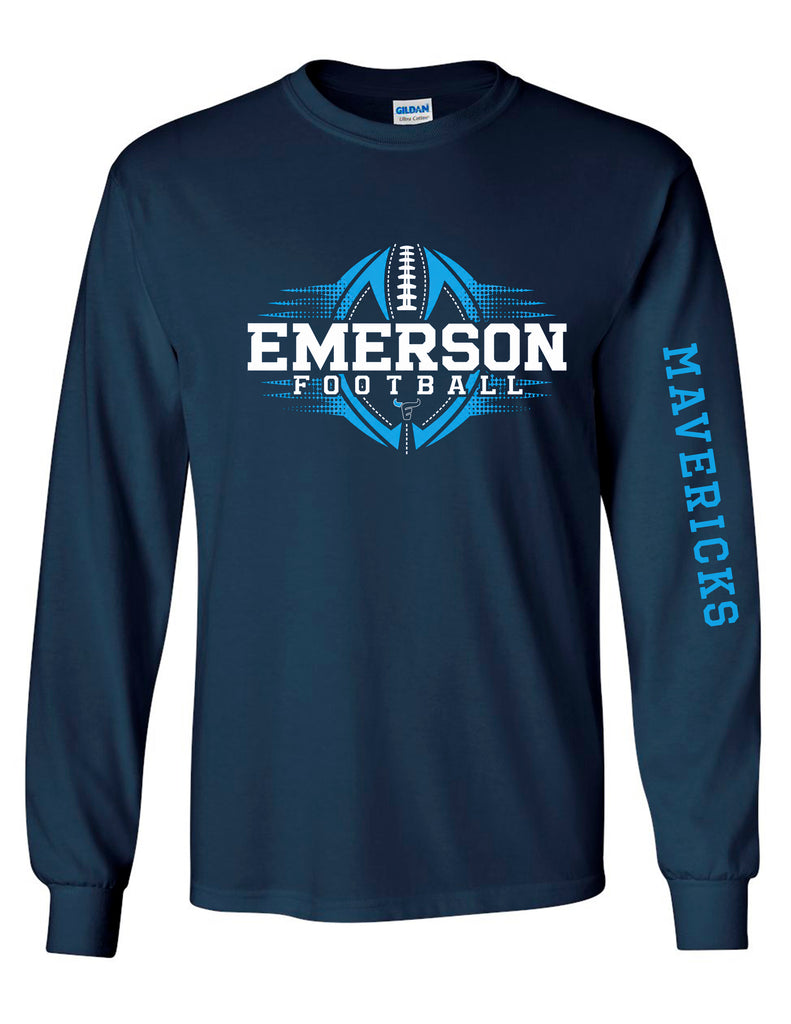 Emerson Football Gildan Navy Gradient Long Sleeve Tee with Mavericks Sleeve