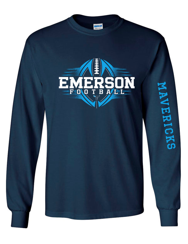 Emerson Football Gildan Navy Gradient Long Sleeve Tee with Mavericks Sleeve
