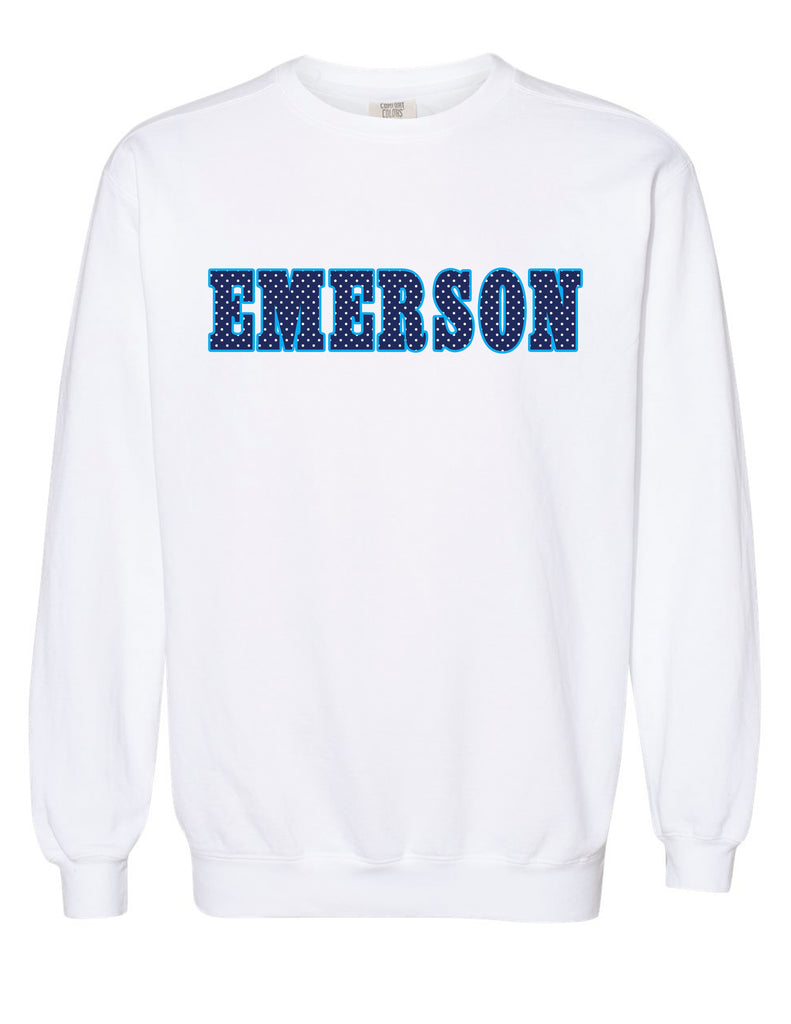 Emerson Majestics Comfort Colors White Crewneck Sweatshirt with Navy Polka Dot Applique Embroidery