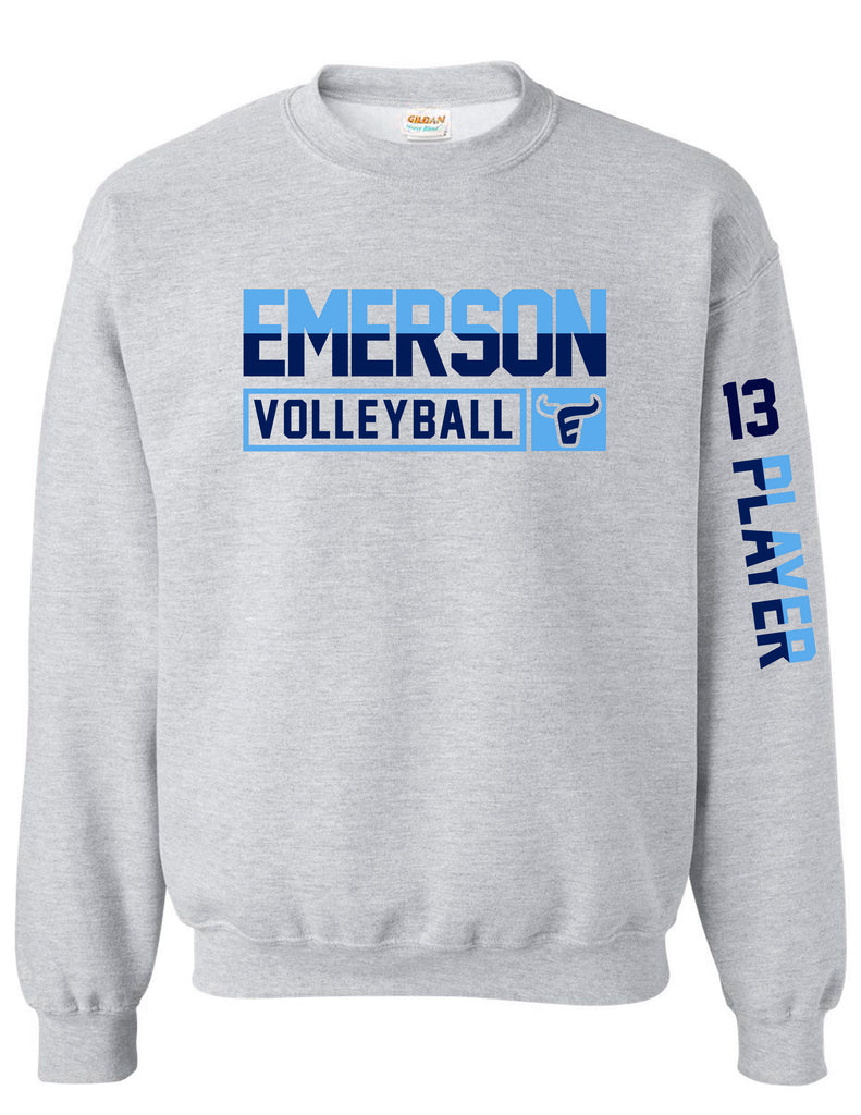 Emerson Volleyball Gildan Crewneck Sweatshirt Ash Gray with Personalized Sleeve Option