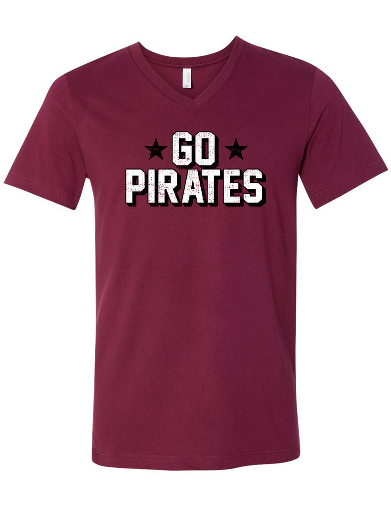 Wylie Cheer Bella Canvas Maroon GO PIRATES V-Neck Tee