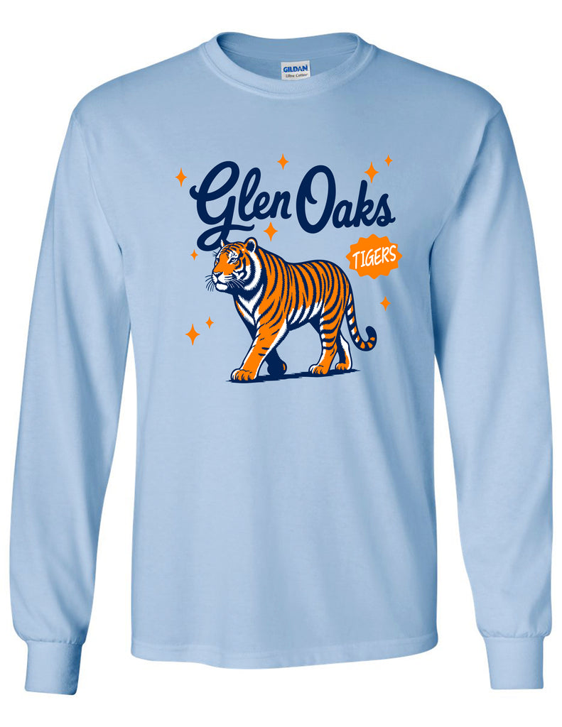 Glen Oaks Gildan Long Sleeve T-Shirt Light Blue Tiger Design ADULT