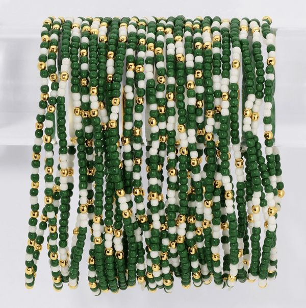 Prosper Baseball Green White Seed Bead Stretch Bracelets Set of 6