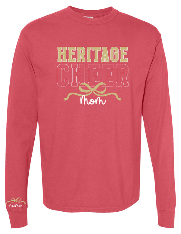Heritage Cheer MOM Comfort Colors Crimson Long Sleeve Tee with Sleeve Personalization