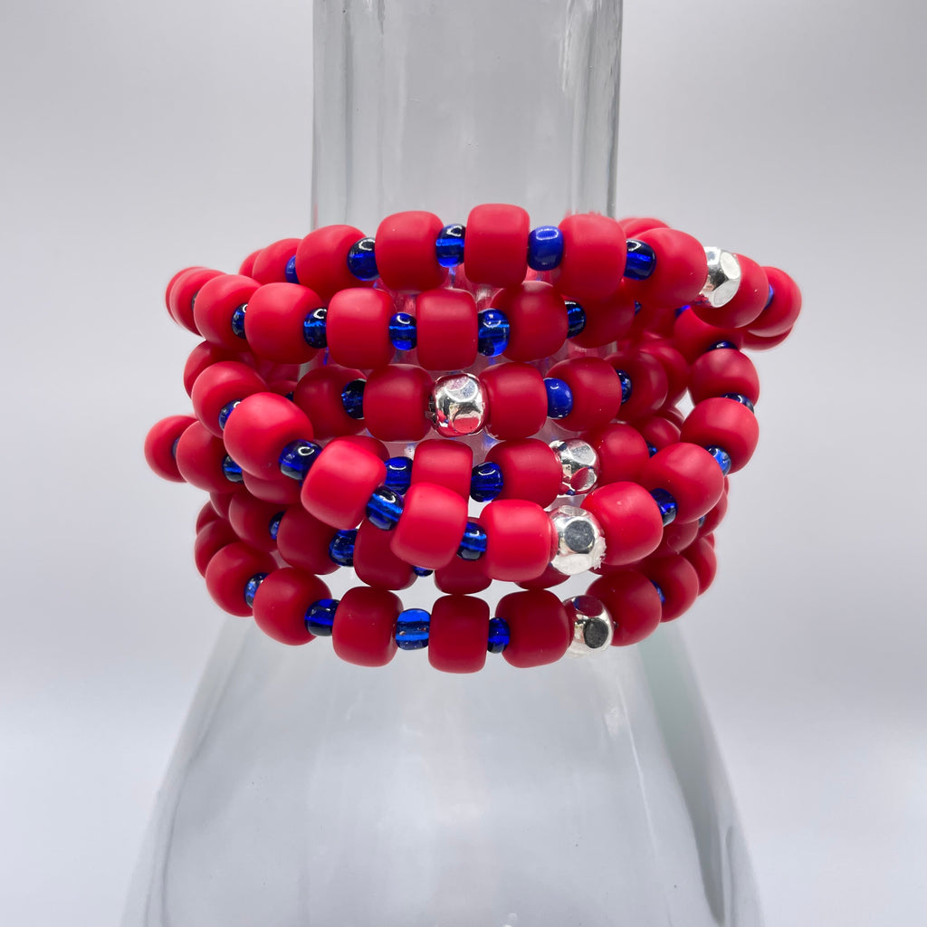 Boyd Soccer Red and Blue Matte Cylinder Bead Stretch Bracelet