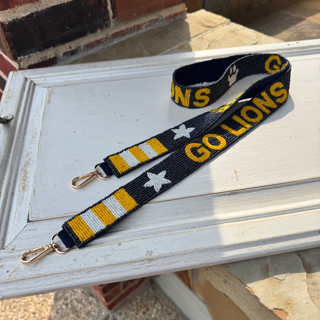 McKinney High Cheer Custom Beaded GO LIONS Purse Strap with Gold Hardware