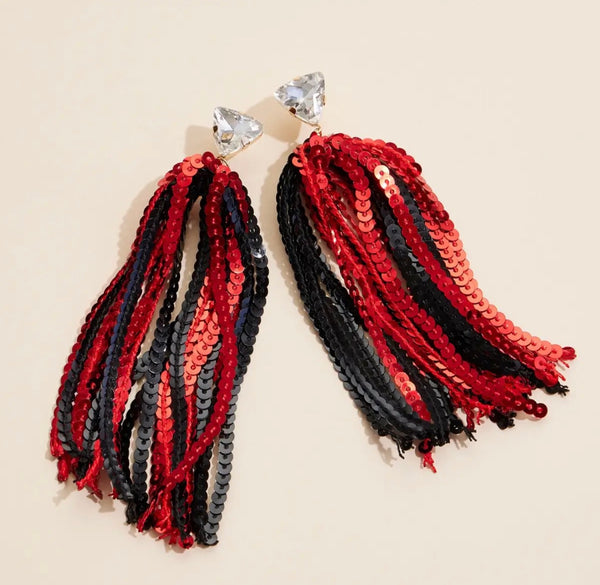 Lovejoy Football Red and Black Sequin Tassel Earrings
