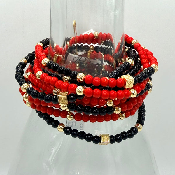 Lovejoy Football Red, Black and Gold Beaded Stretch Bracelet Set of 3