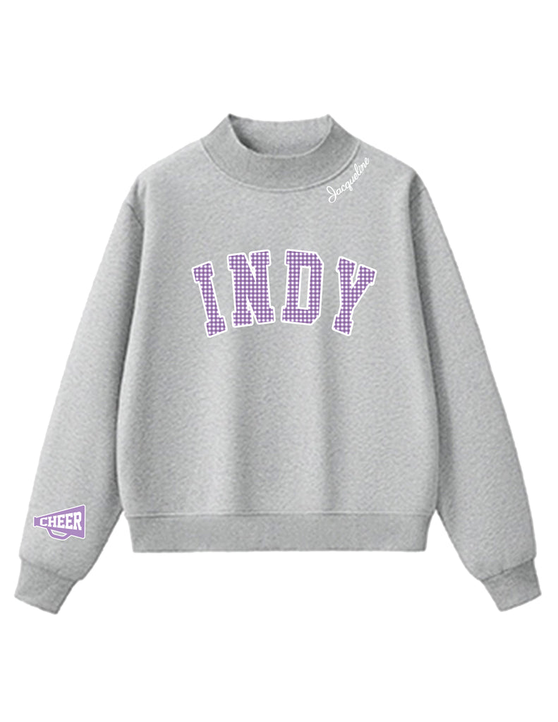 Indy Cheer Gray Mock Neck Sweatshirt Purple Gingham Applique with CHEER Sleeve (Optional Personalization)