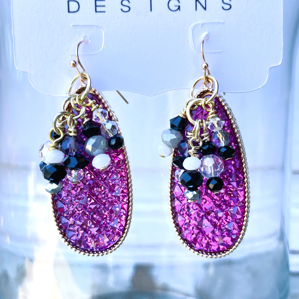 Indy Cheer Purple Acrylic Teardrop Earrings with Dangle Beads