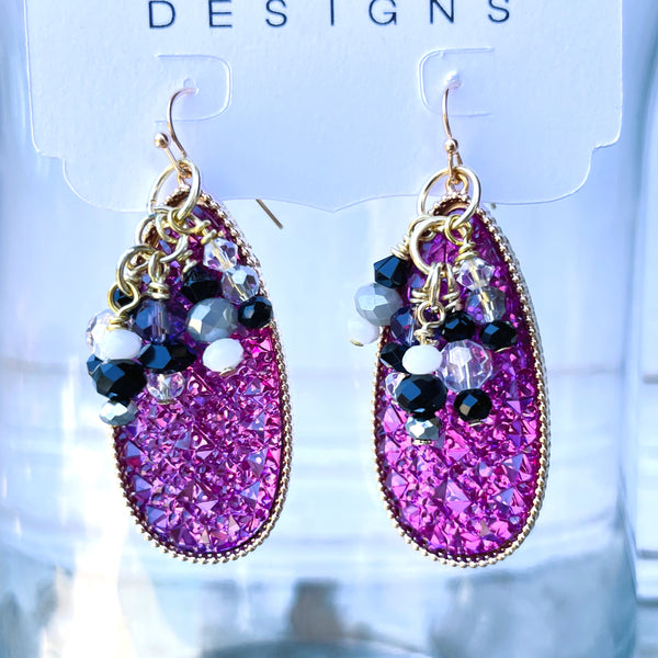 Indy Cheer Purple Acrylic Teardrop Earrings with Dangle Beads