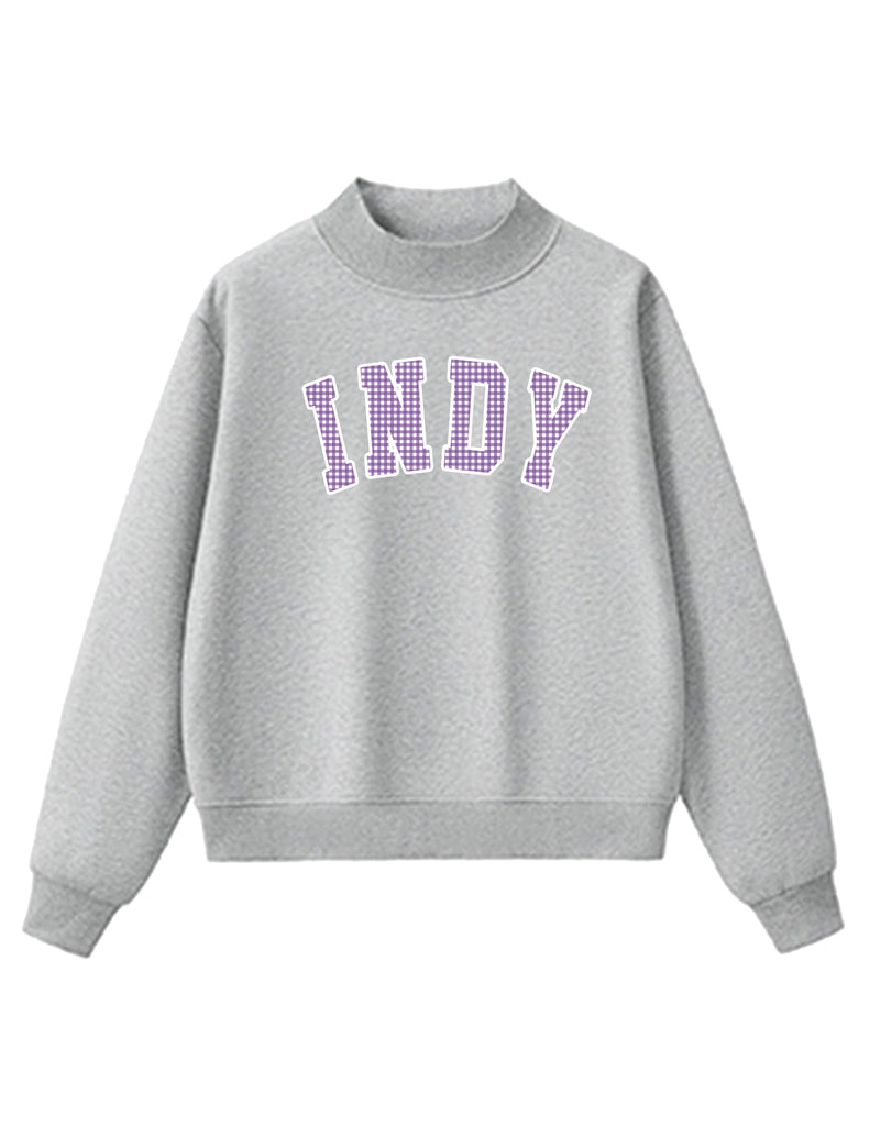 Indy Cheer Gray Mock Neck Sweatshirt Purple Gingham Applique