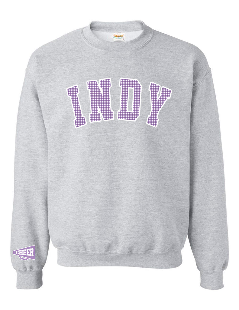 Indy Cheer Gildan Purple Gingham Applique Crewneck Sweatshirt Ash Gray (With OR Without Sleeve Design)