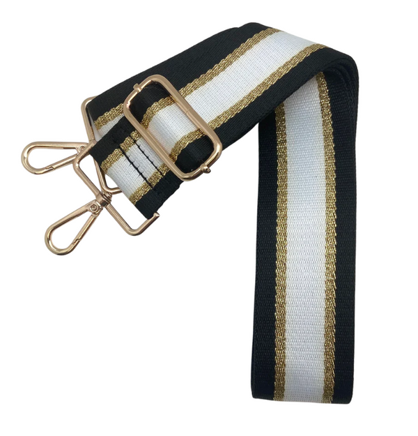 Prosper Baseball Black White Gold Capri Purse Strap with Gold Hardware