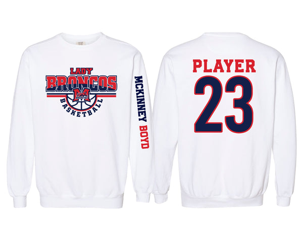 Lady Broncos Basketball Logo with Personalization Option White Comfort Colors Crewneck