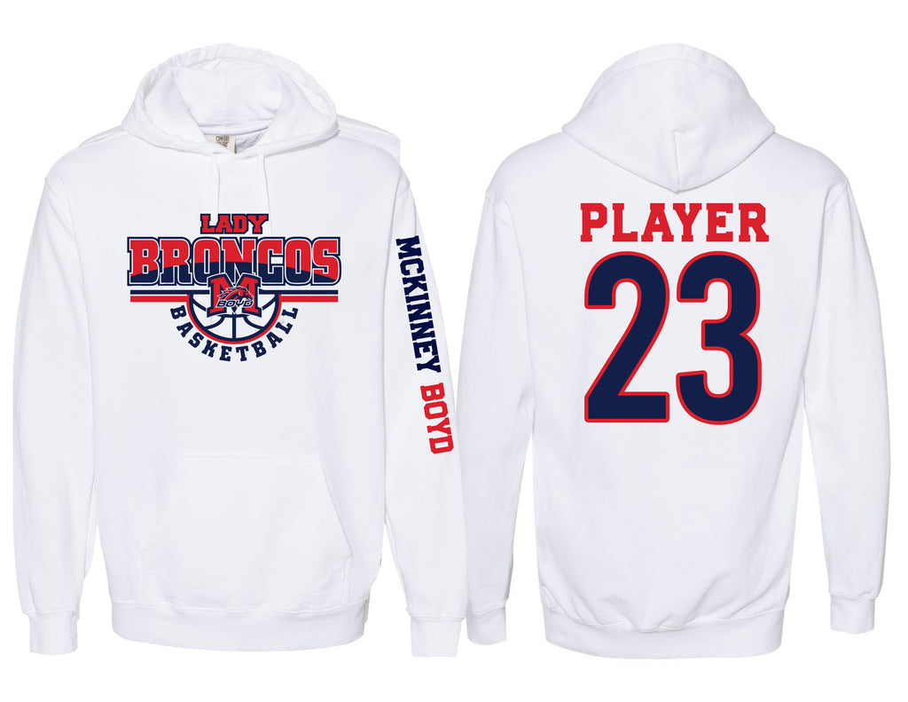 Lady Broncos Basketball Logo with Personalization Option White Comfort Colors Hoodie