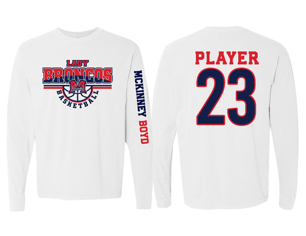 Lady Broncos Basketball Logo with Personalization Option White Comfort Colors Long Sleeve Tee