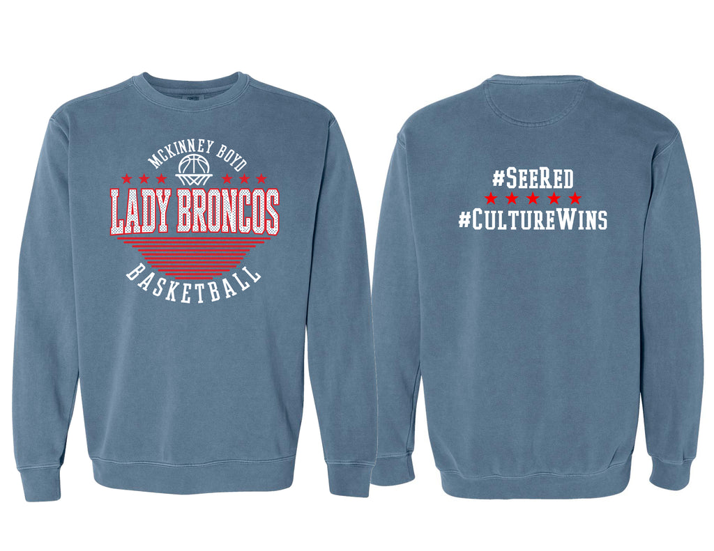 Lady Broncos Basketball Polka Dot Comfort Colors Blue Jean Crewneck