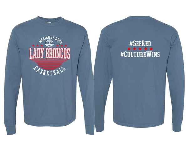 Lady Broncos Basketball Polka Dot Comfort Colors Blue Jean Long Sleeve Tee