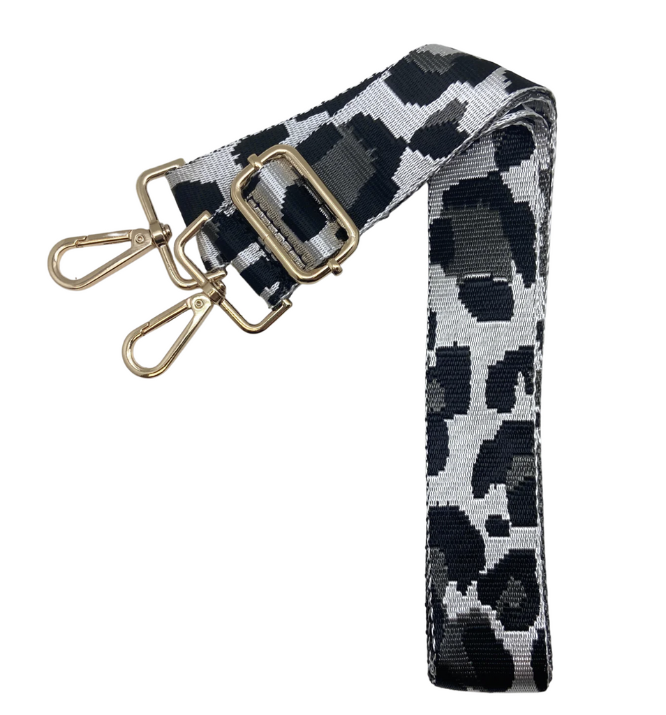 Prosper Baseball Black Gray Cheetah Skinny Purse Strap with Gold Hardware