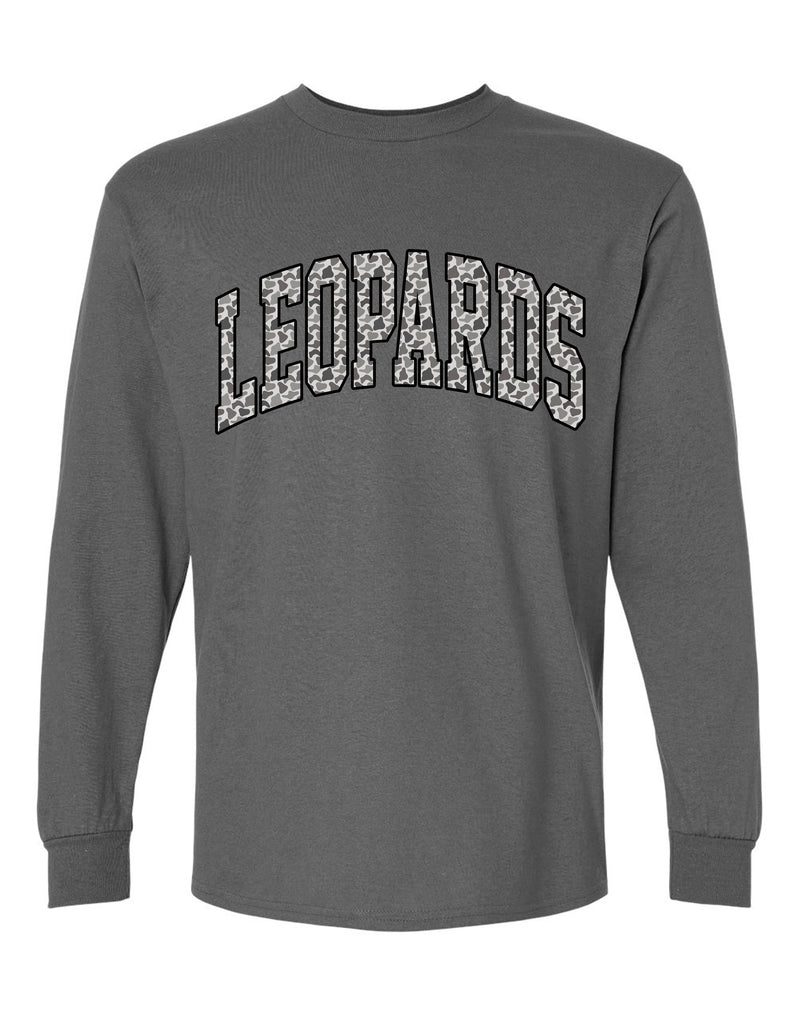Lovejoy Football LEOPARDS Oversized Camo Print Gildan Charcoal Long Sleeve Tee