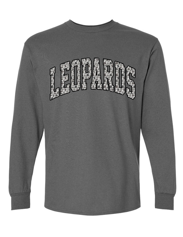 Lovejoy Football LEOPARDS Oversized Camo Print Gildan Charcoal Long Sleeve Tee
