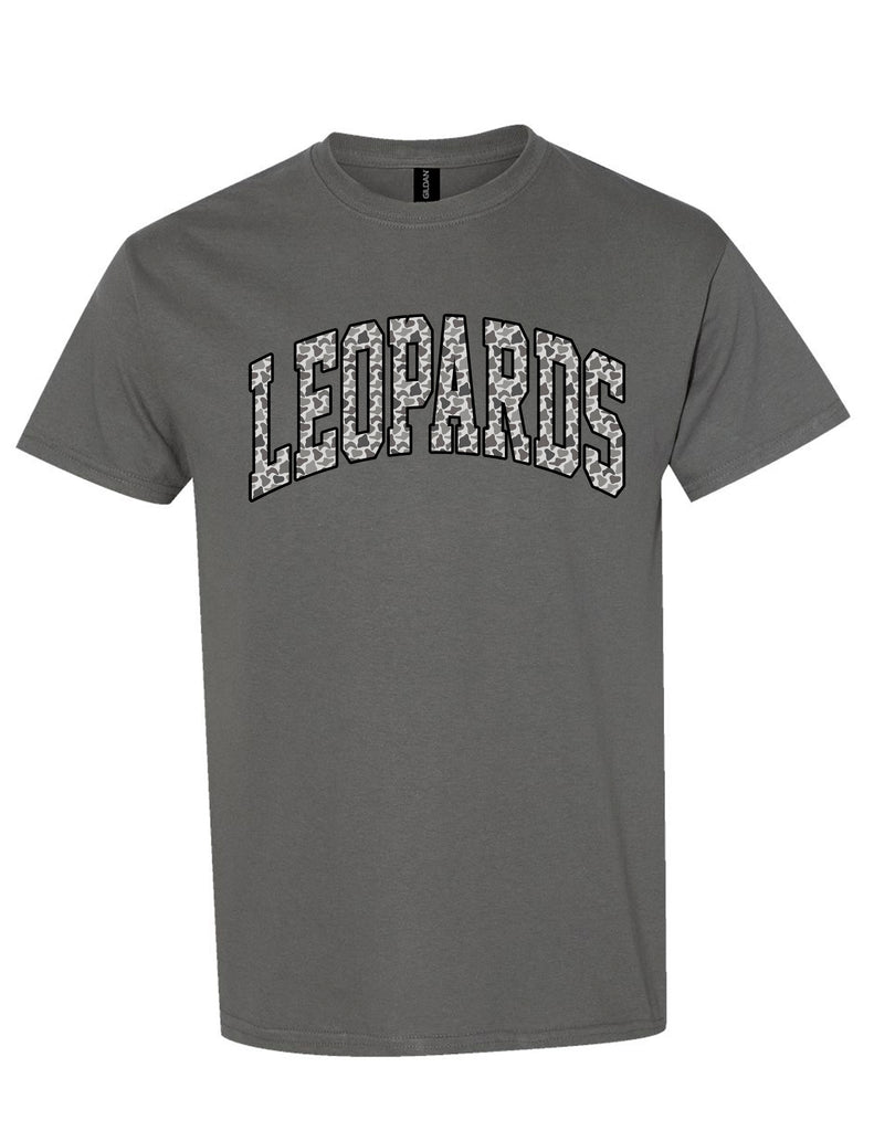 Lovejoy Football LEOPARDS Oversized Camo Print Gildan Charcoal Tee