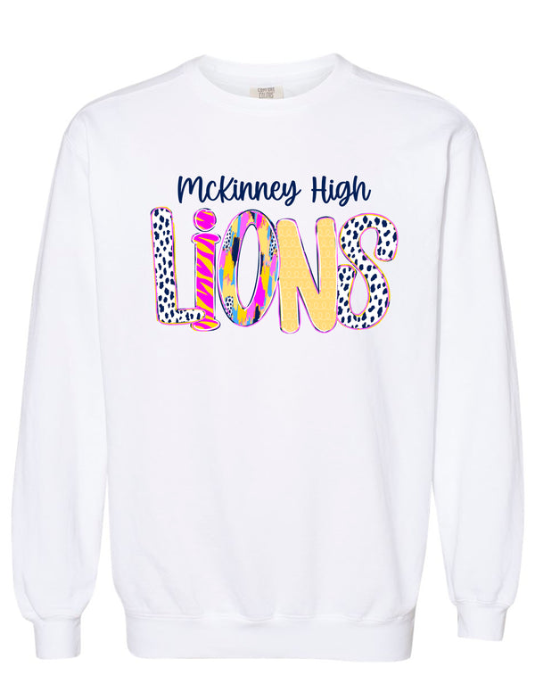 McKinney High Cheer Colorful Pattern LIONS White Crewneck Sweatshirt