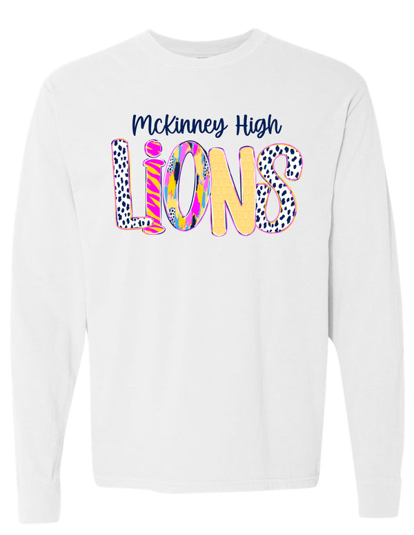 McKinney High Cheer Colorful Pattern LIONS White Long Sleeve Tee