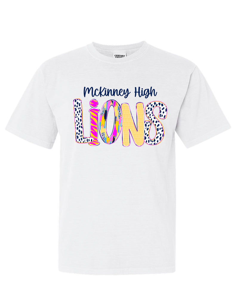 McKinney High Cheer Colorful Pattern LIONS White Tee