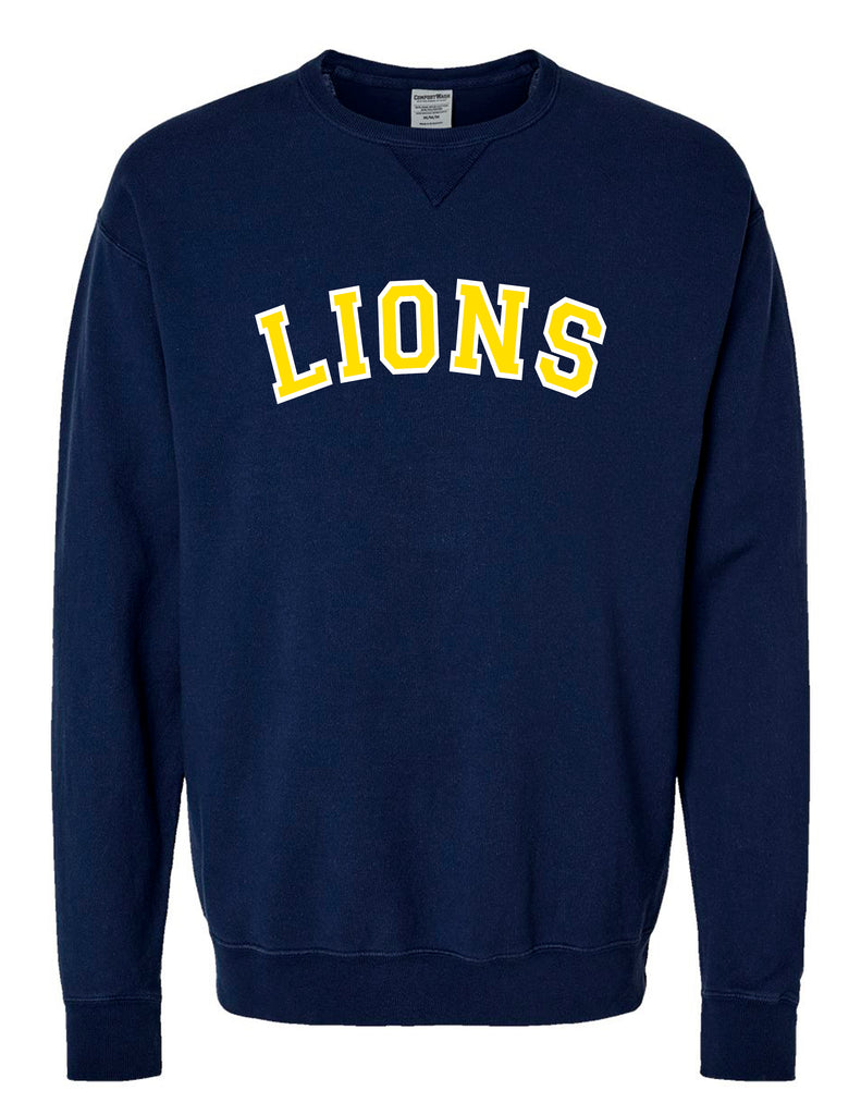 High Cheer LIONS Embroidered Applique Navy Comfort Wash Crewneck