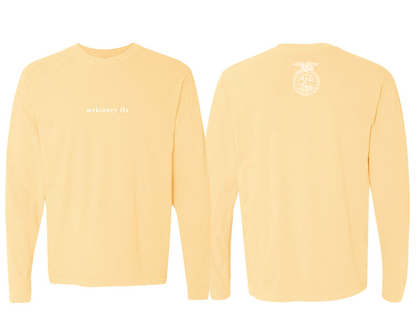 McKinney High FFA Small Serif Butter Yellow Comfort Colors Long Sleeve Tee