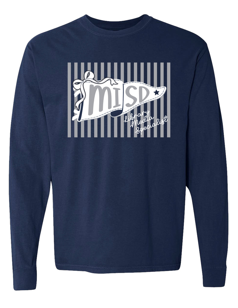 MISD Librarians Striped Pennant Navy Comfort Colors Long Sleeve Tee