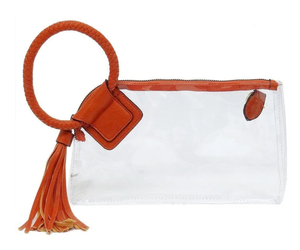 North Cheer Stadium Approved Clear and Orange Tassel Wristlet