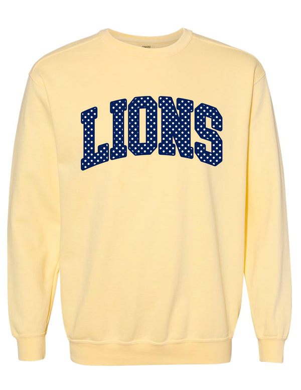 McKinney High Cheer Comfort Colors Butter Crewneck Sweatshirt with Navy Polka Dot Applique