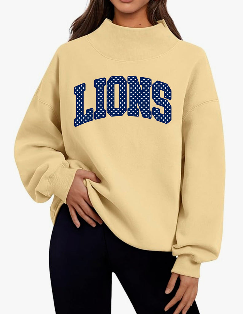 McKinney High Cheer Light Yellow Mock Neck Sweatshirt with Navy Polka Dot Applique