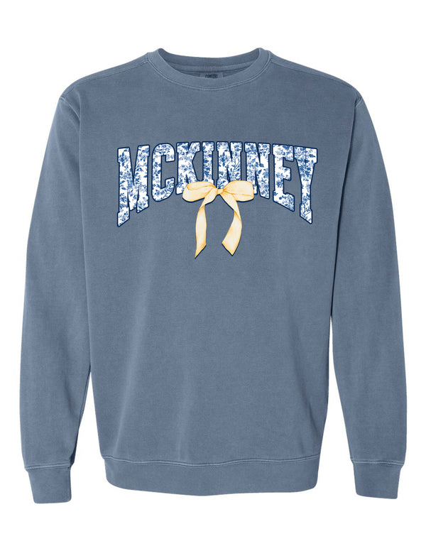 McKinney High Cheer Comfort Colors Blue Jean Floral Bow Design Crewneck Sweatshirt
