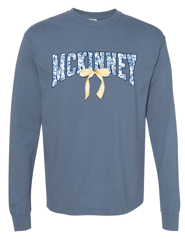 McKinney High Cheer Comfort Colors Blue Jean Floral Bow Design Long Sleeve Tee