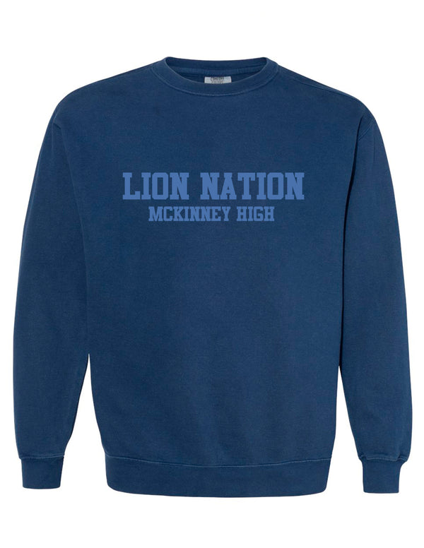McKinney High Cheer Comfort Colors Navy LION NATION Tone-on-Tone Embroidered Crewneck