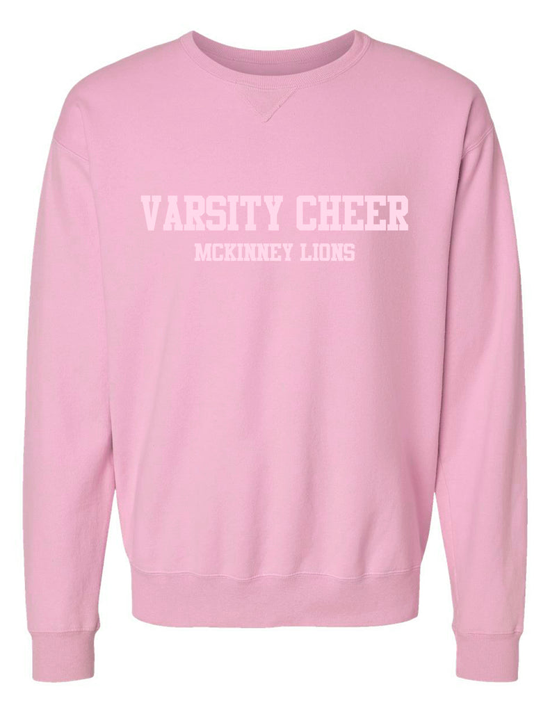 McKinney High Cheer Comfort Wash Cotton Candy Pink VARSITY Tone-on-Tone Embroidered Crewneck