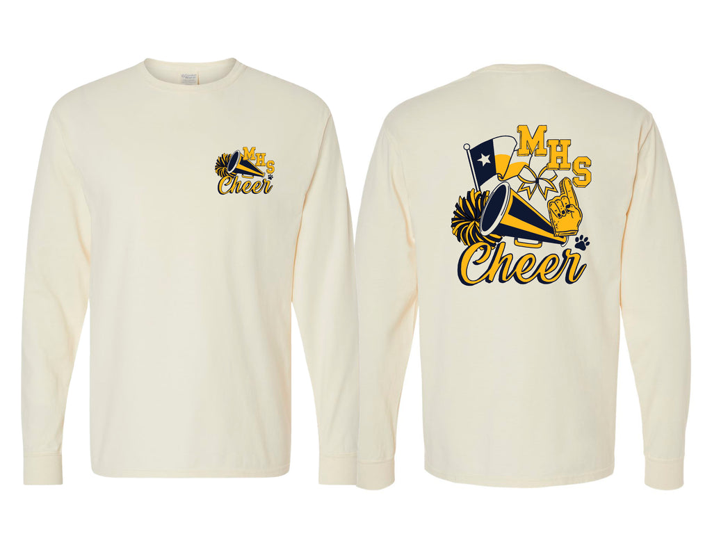 McKinney High Cheer Comfort Wash Parchment Hand Drawn Cheer Design Long Sleeve Tee