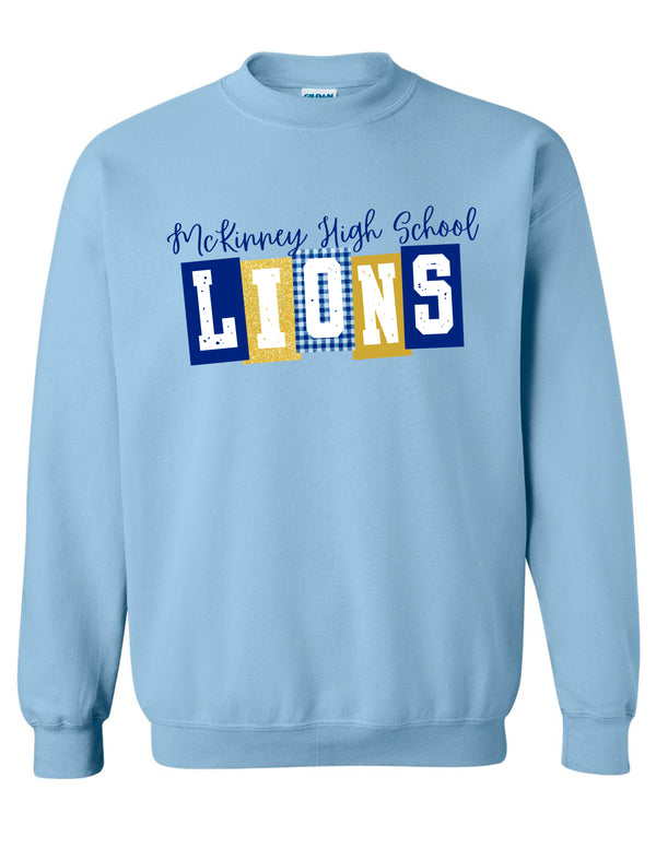 McKinney High Cheer Light Blue Block Pattern LIONS Crewneck Sweatshirt