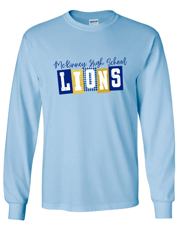 McKinney High Cheer Light Blue Block Pattern LIONS Long Sleeve Tee