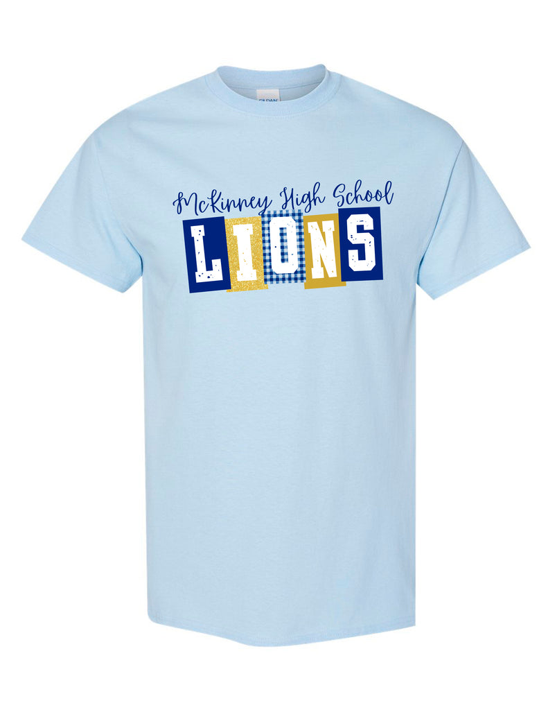 McKinney High Cheer Light Blue Block Pattern LIONS Tee