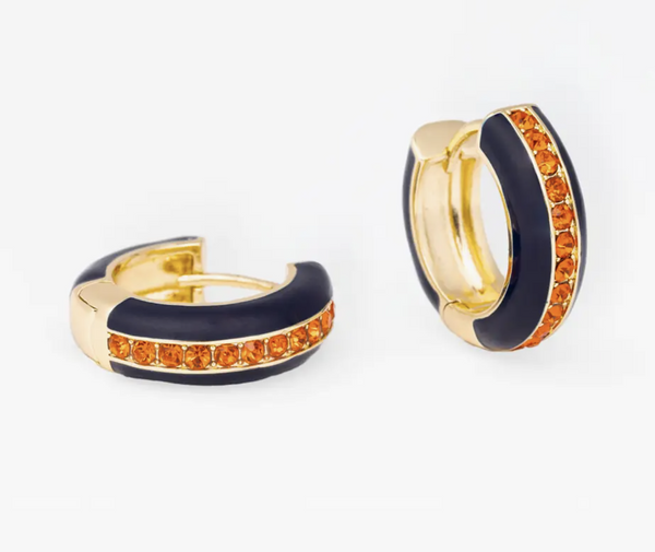 North Soccer Gold Huggie Hoops with Navy Enamel and Orange Crystals