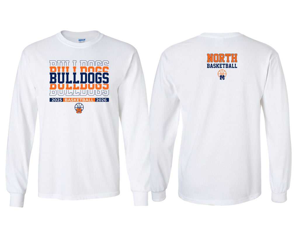 North Basketball White Stacked Bulldogs Design Long Sleeve Tee