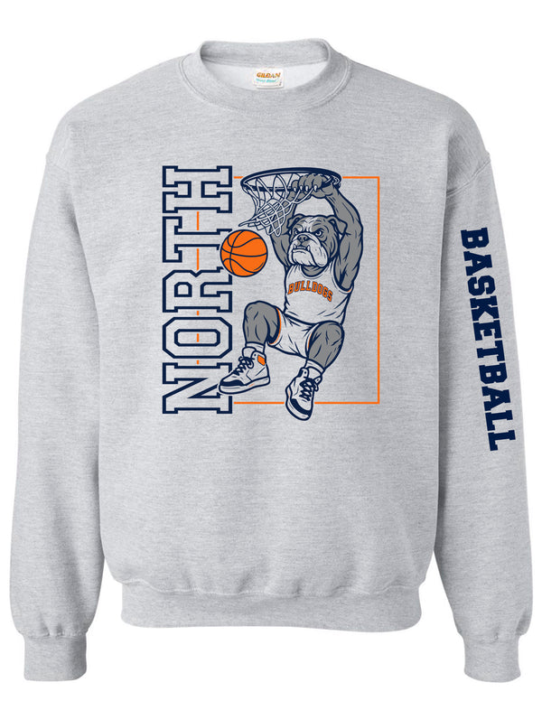North Basketball Dunking Bulldog Gildan Ash Gray Crewneck with Sleeve Design
