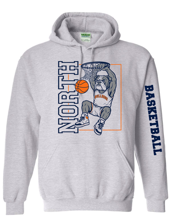 North Basketball Dunking Bulldog Gildan Ash Gray Hoodie with Sleeve Design
