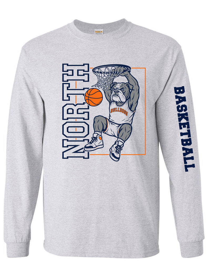 North Basketball Dunking Bulldog Gildan Ash Gray Long Sleeve Tee with Sleeve Design