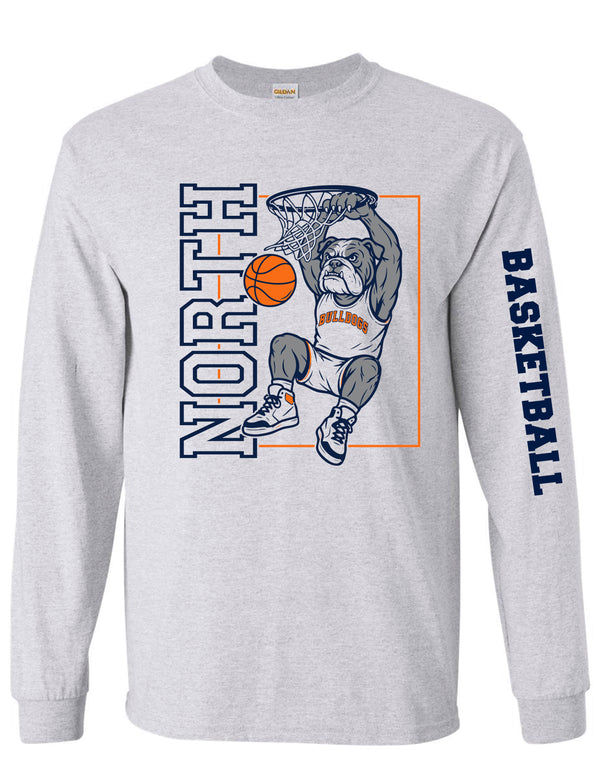 North Basketball Dunking Bulldog Gildan Ash Gray Long Sleeve Tee with Sleeve Design